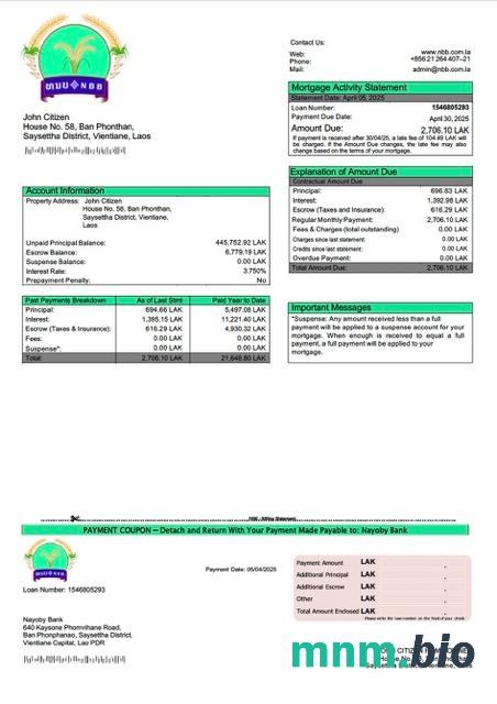 Laos Bank Nayoby wyciąg z kredytu hipotecznego szablon Word i PDF